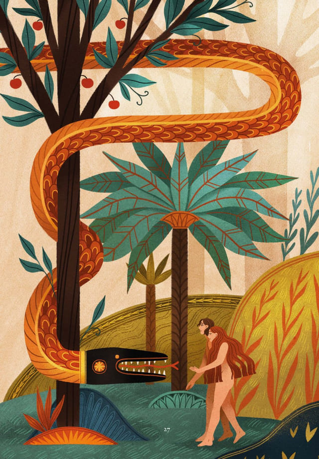 Adam et Ève au jardin, face à l'arbre et au serpent