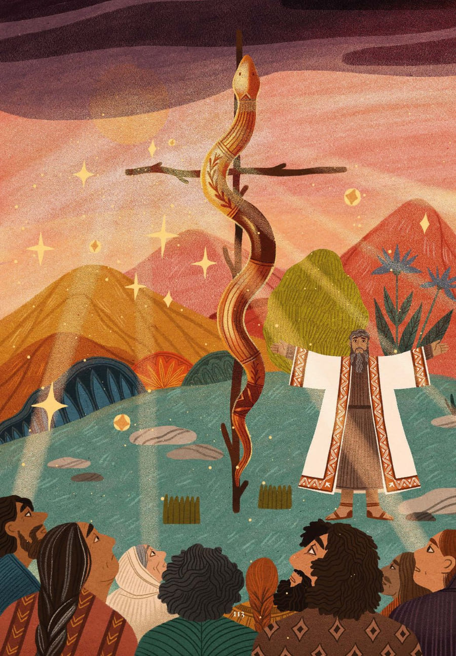 Le serpent de bronze élevé devant la foule